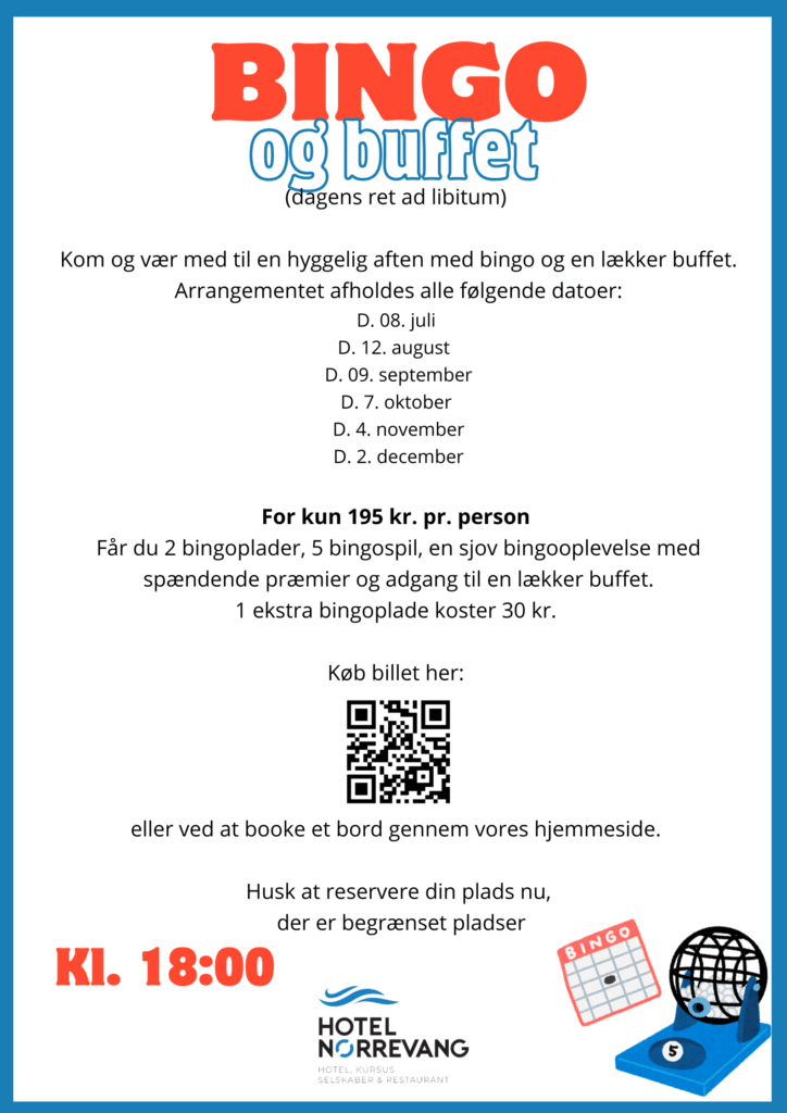 Hotel Nørrevang En dansk eventplakat for Bingo og buffet med datoer, detaljer om buffet og bingo til 195 kr. pr. person, købsvejledning og en stor rød Kl. 18:00 i bunden. Inkluderer Hotel Nørrevangs logo.