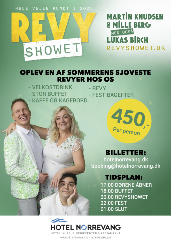Hotel Nørrevang Tre performere står smilende med konfetti på en grøn baggrund. Eventdetaljer for Revy Showet inkluderer info om buffet, billetpris (450 kr) og showtider på Hotel Nørrevang. Datoer og kontaktoplysninger er også angivet.