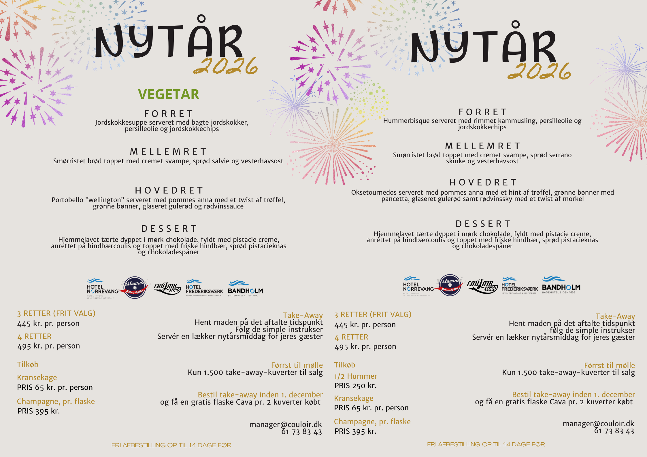 Hotel Nørrevang En nytårsmenu 2026 med fyrværkerigrafik indeholder to sektioner: en vegetarisk menu til venstre og en almindelig menu til højre. Begge indeholder valg af forretter, hovedretter, desserter og drikkevarer.
