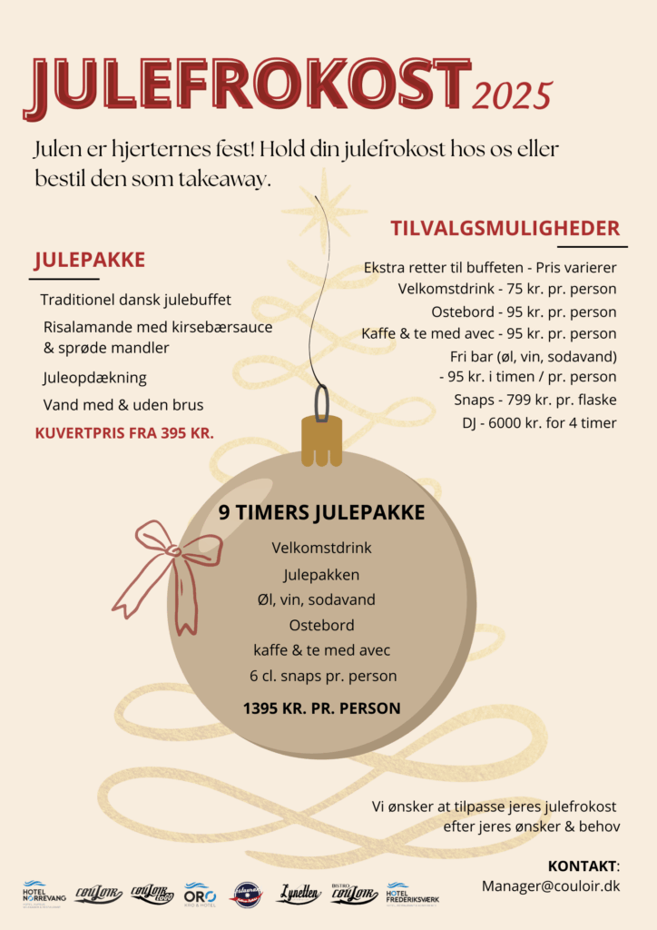 Hotel Nørrevang En festlig plakat på dansk, der reklamerer for en julefrokost i 2025. Den har en dekorativ gaffel bundet med et guldbånd, pakkemuligheder, priser og kontaktoplysninger til booking eller takeaway.