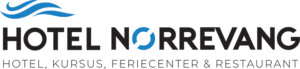 Hotel Nørrevang Logo for Hotel Nørrevang med en stiliseret blå bølge over navnet. Herunder lyder teksten: Hotel, Kursus, Feriecenter & Restaurant.